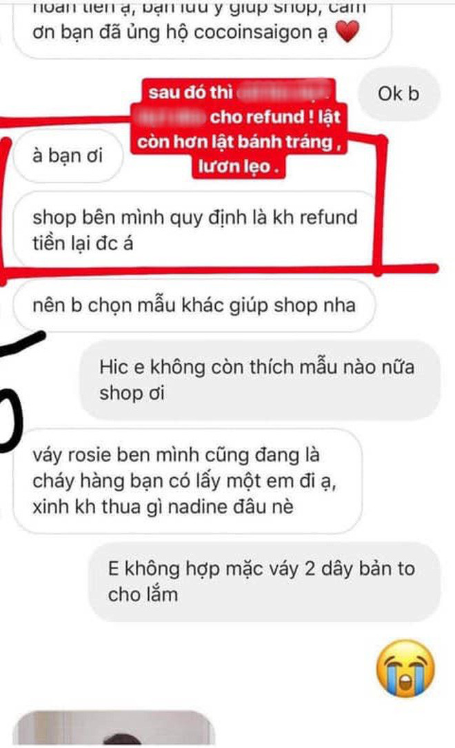 Tuy nhiên khi hết hàng, shop online hot girl Sài Gòn - Cococheoli kiên quyết không chịu trả tiền cọc và buộc khách phải chọn món hàng khác. Sau khi chấp nhận mua 1 món hàng ngang giá, vị khách tiếp tục không được trả lại 80.000 đồng tiền thừa.