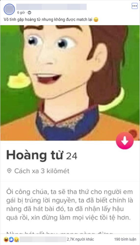 Khi hoàng tử chán đóng hoạt hình mà rảnh rỗi lên ứng dụng hẹn hò "thả thính" thì vẫn không quên bài hát thương hiệu: "Tha cho người em gái bị trúng lời nguyền" khiến cộng đồng mạng cười bò.