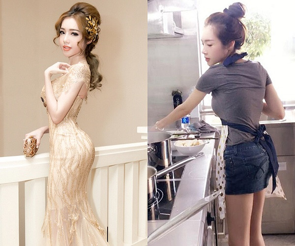 "Hot mom" Elly Trần dù ở nhà nhưng vẫn xinh đẹp và quyến rũ không khác gì tham dự sự kiện. Dù ăn mặc đơn gỉan với áo phông, quần sooc, tóc búi cao nhưng cô nàng vẫn khoe được đường cong gợi cảm.