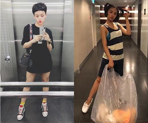 Vẫn với cách chụp ảnh vô cùng dễ thương nhưng nhìn Miu Lê bộc tóc hai chỏm, quần áo xộc xệch thế này người hâm mộ chỉt biết "khóc thét".