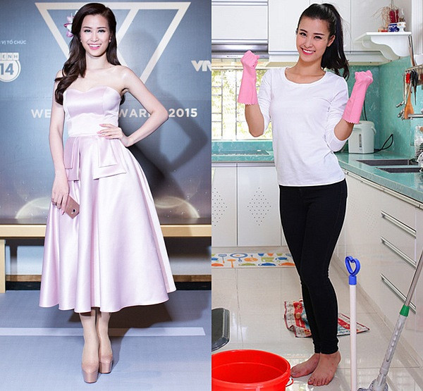 Đông Nhi khi ở nhà mặc áo phông, quần skinny đơn giản và buộc tóc cao gọn gàng. Nữ ca sĩ không ngận ngại đi chân trần để thuận tiện cho việc dọn dẹp.