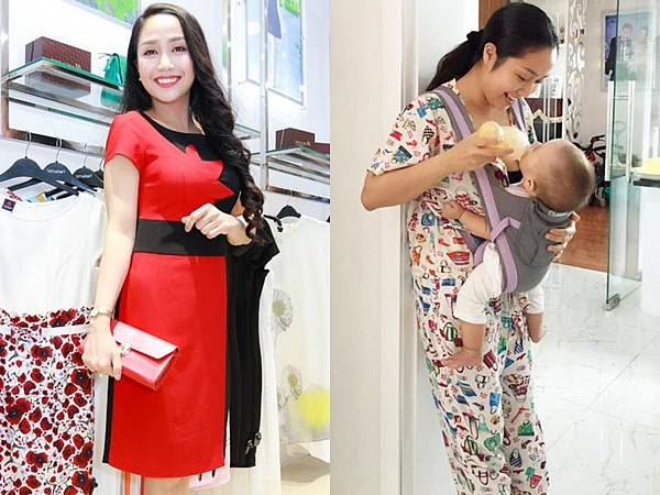 Trông Ốc Thanh Vân trông không khác gì các bà mẹ bỉm sữa khác khi ở nhà khi tay địu con, tay cầm bình, mái tóc buộc lên gọn gàng.
