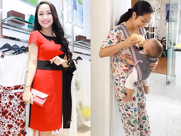 Trông Ốc Thanh Vân trông không khác gì các bà mẹ bỉm sữa khác khi ở nhà khi tay địu con, tay cầm bình, mái tóc buộc lên gọn gàng.