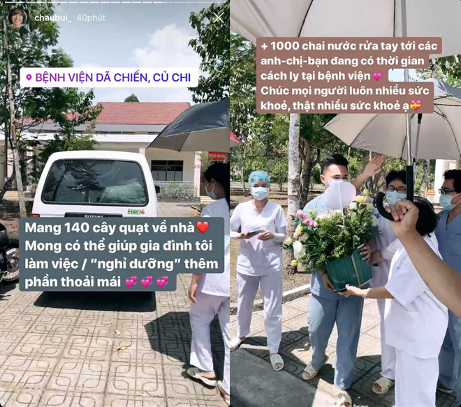 Sau khi kết thúc 14 ngày, Châu Bùi thân thương gọi khu cách ly là "nhà", gửi tặng 140 cây quạt máy và 1000 chai nước rửa tay để cả "gia đình" có thêm động lực chiến đấu với dịch Covid-19.