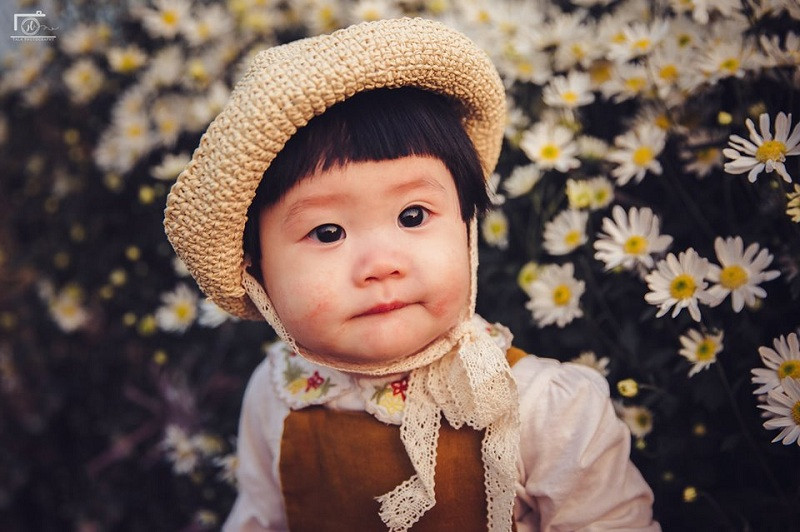 Trong bộ ảnh, Mít có nhiều biểu cảm rất đáng yêu như bặm môi, cười tít mắt, thích thú nghịch hoa cúc họa mi.