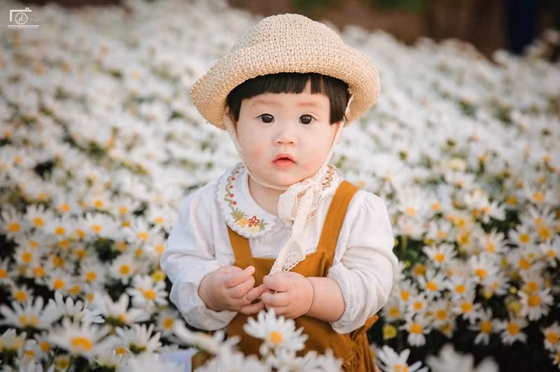 Em bé Mít ngẩn ngơ giữa vườn cúc hoạ mi, xinh xắn. Có vẻ như sau những phút giây hoảng loạn khóc thét, em bé đã lấy lại được tinh thần, tạo dáng cực ăn hình.