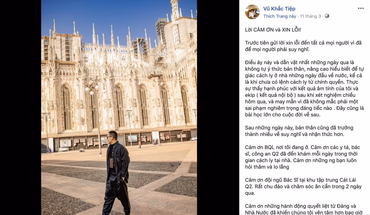 Trước đó, sau khi có những phát ngôn tiêu cực về khu cách ly, Vũ Khắc Tiệp đã phải đăng tải tâm thư xin lỗi các y bác sĩ và cộng đồng mạng trên trang cá nhân.