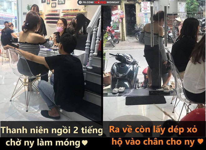 Mang đồ ăn đến cho vợ đã là gì, một nam thanh niên từng ngồi chờ người yêu làm móng trong 2 tiếng đồng hồ mà không một lời than vãn. Xong xuôi, sợ người yêu bị hỏng móng chân mới làm nên anh chàng còn ân cần cúi xuống xỏ giày cho bạn gái khiến ai nhìn cũng phải trầm trồ.