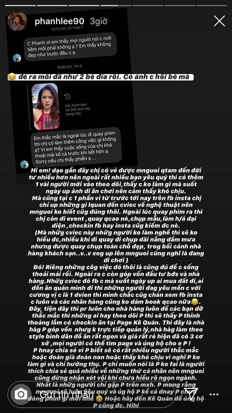 Theo đó, Phanh Lee chia sẻ lên story trước nghi vấn vừa mới tiêm môi, hot girl 9X đáp nhanh: "Đẻ ra môi đã như 2 bé đỉa rồi, có ảnh chị hồi bé mà".