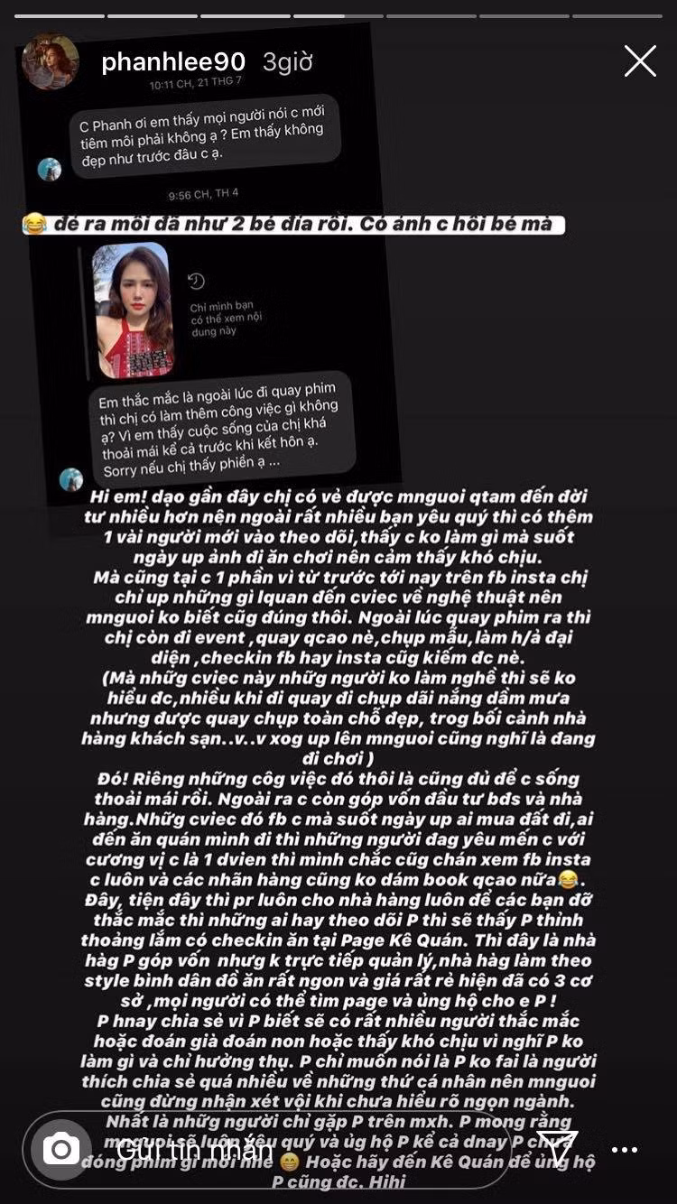 Theo đó, Phanh Lee chia sẻ lên story trước nghi vấn vừa mới tiêm môi, hot girl 9X đáp nhanh: "Đẻ ra môi đã như 2 bé đỉa rồi, có ảnh chị hồi bé mà".