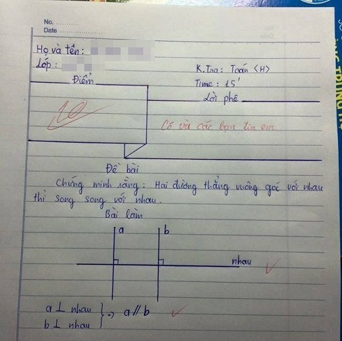 Đề bài "Chứng minh rằng: Hai đường thẳng vuông góc với nhau thì song song với nhau" rất hại não.