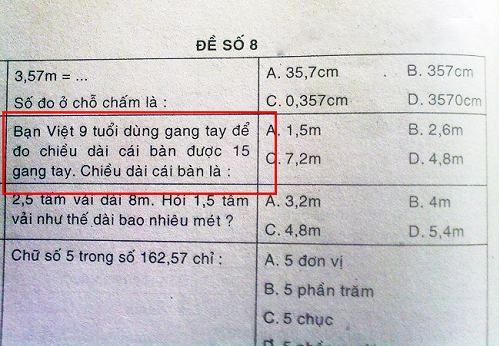 Đây là đề thi môn toán được cho là rất đánh đố học sinh khi giáo viên sử dụng gang tay để làm dụng cụ đo đạc.