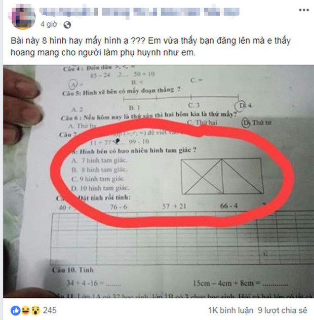 Một tài khoản Facebook mới đây đăng lên mạng xã hội bài toán đếm hình của học sinh tiểu học, đề bài này khiến nhiều người "nhức não" và lao vào cuộc tranh cãi không hồi kết. Một số người còn cho rằng đáp án là 11, tức không nằm trong số 4 phương án đề bài đưa ra.