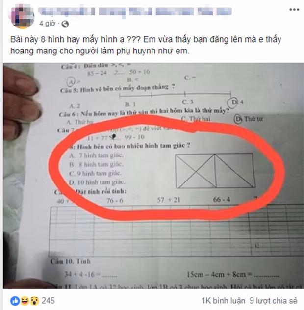 Một tài khoản Facebook mới đây đăng lên mạng xã hội bài toán đếm hình của học sinh tiểu học, đề bài này khiến nhiều người "nhức não" và lao vào cuộc tranh cãi không hồi kết. Một số người còn cho rằng đáp án là 11, tức không nằm trong số 4 phương án đề bài đưa ra.