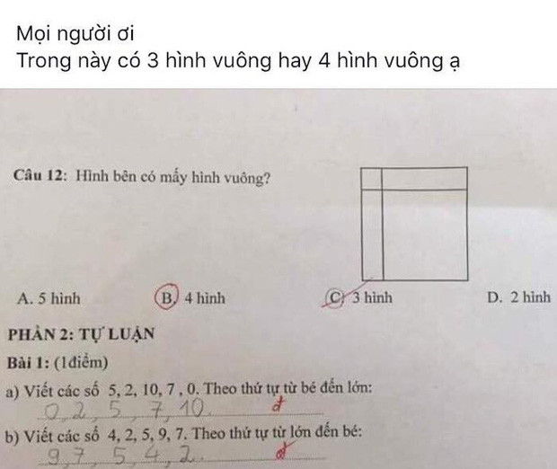 Khi học sinh chọn đáp án 3 hình vuông thì bị giáo viên đánh sai bằng mực đỏ và khoanh vào đáp án là 4 hình vuông. Đề thi này có hàng trăm bình luận kèm theo những ý kiến trái chiều khác nhau, người nói 2 hình, người bảo 3, kể cả chính giáo viên cũng không thể có đáp án đúng.