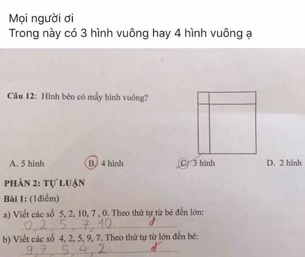 Khi học sinh chọn đáp án 3 hình vuông thì bị giáo viên đánh sai bằng mực đỏ và khoanh vào đáp án là 4 hình vuông. Đề thi này có hàng trăm bình luận kèm theo những ý kiến trái chiều khác nhau, người nói 2 hình, người bảo 3, kể cả chính giáo viên cũng không thể có đáp án đúng.
