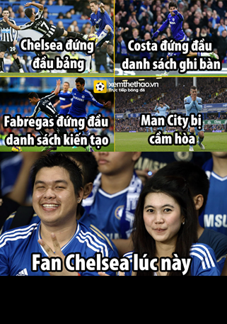  Lúc này, CĐV Chelsea là người vui nhất khi đội bóng của họ là đang xếp đầu bảng xếp hạng, họ sở hữu cây ghi bàn xuất sắc nhất và chân chuyền hiệu quả nhất Premier League và vòng đấu vừa qua họ vui nhất khi đối thủ bám đuổi họ là Man City đã bị cầm hòa.