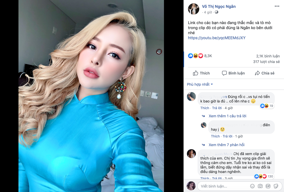 Trước "tâm bão" lộ clip, hot girl Ngân 98 vẫn bình thản chụp hình "tự sướng" đăng tải trên Facebook cá nhân kèm theo một đường link clip cô tự quang nói về sự cố nhạy cảm của bản thân.