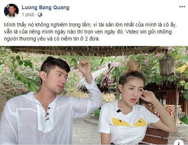 Trên trang Facebook cá nhân, Lương Bằng Quang, bạn trai của Ngân cũng cho rằng lộ clip không phải vấn đề nghiêm trọng. "Mình thấy nó không nghiêm trọng lắm, vì tài sản lớn nhất của mình là cô ấy, vẫn là của riêng mình ngày nào thì trọn vẹn ngày đó" - Nam ca sĩ cho biết.