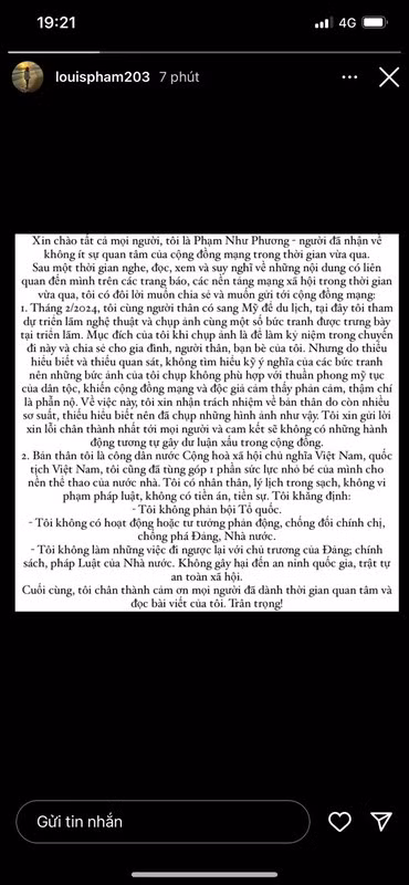 Sau đó, cô nàng phải đã chính thức lên tiếng sau một thời gian dài giữ im lặng trước loạt drama. Theo đó, Như Phương giải thích cụ thể về bức ảnh được lan truyền khi cô chụp ở Mỹ, cùng gia đình bạn trai, bên cạnh những bức vẽ có chứa hình ảnh nhạy cảm về quốc kỳ Việt Nam. Đồng thời cô nàng cũng ẩn hết bài viết trên trang cá nhân, chỉ để lại ảnh lúc còn là VĐV.