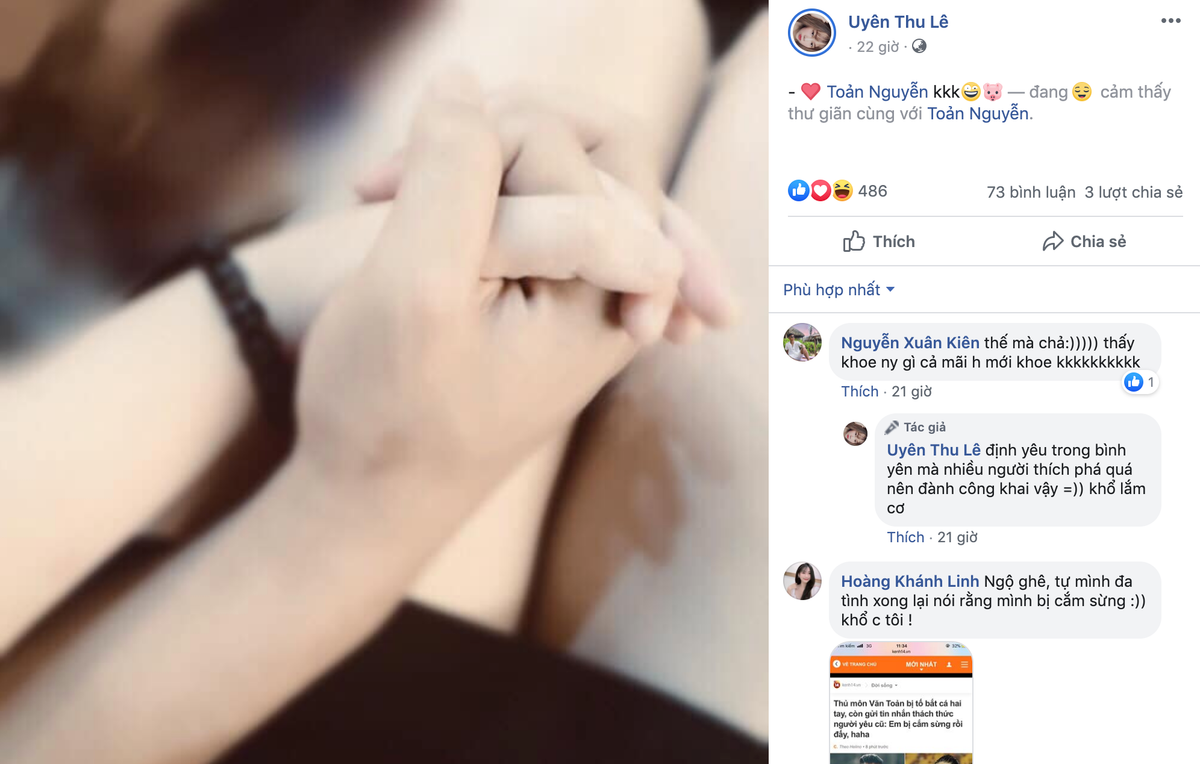 Lần đầu tiên công khai tình cảm với Văn Toản, Thu Uyên gay gắt cho biết cô và bạn trai muốn yêu trong bình yên nhưng nhiều người thích phá ám chỉ Nguyệt Hà. Ở phần bình luận với bạn bè, cô nàng cho hay Nguyệt Hà thích thầm nhưng Văn Toản chưa bao giờ nói lời yêu chính bởi vậy mối quan hệ của cả hai không ai biết, chỉ có mình nàng Á khôi tự đa tình và "ảo tưởng".