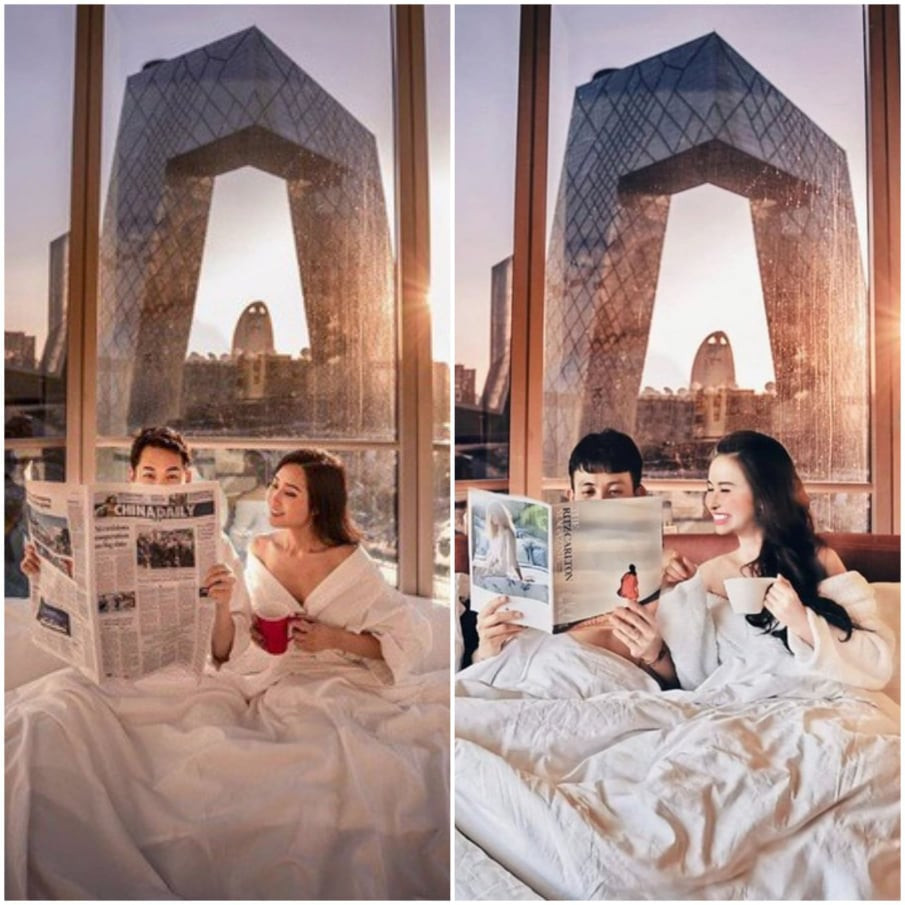 Đáng nói, bức ảnh này giống hệt với ảnh chụp của 1 cặp đôi khác được đăng tải hôm 3/6 (bên trái). Hai bức hình giống nhau từ ánh sáng, vị trí, cách tạo dáng đến khung cảnh phía sau.