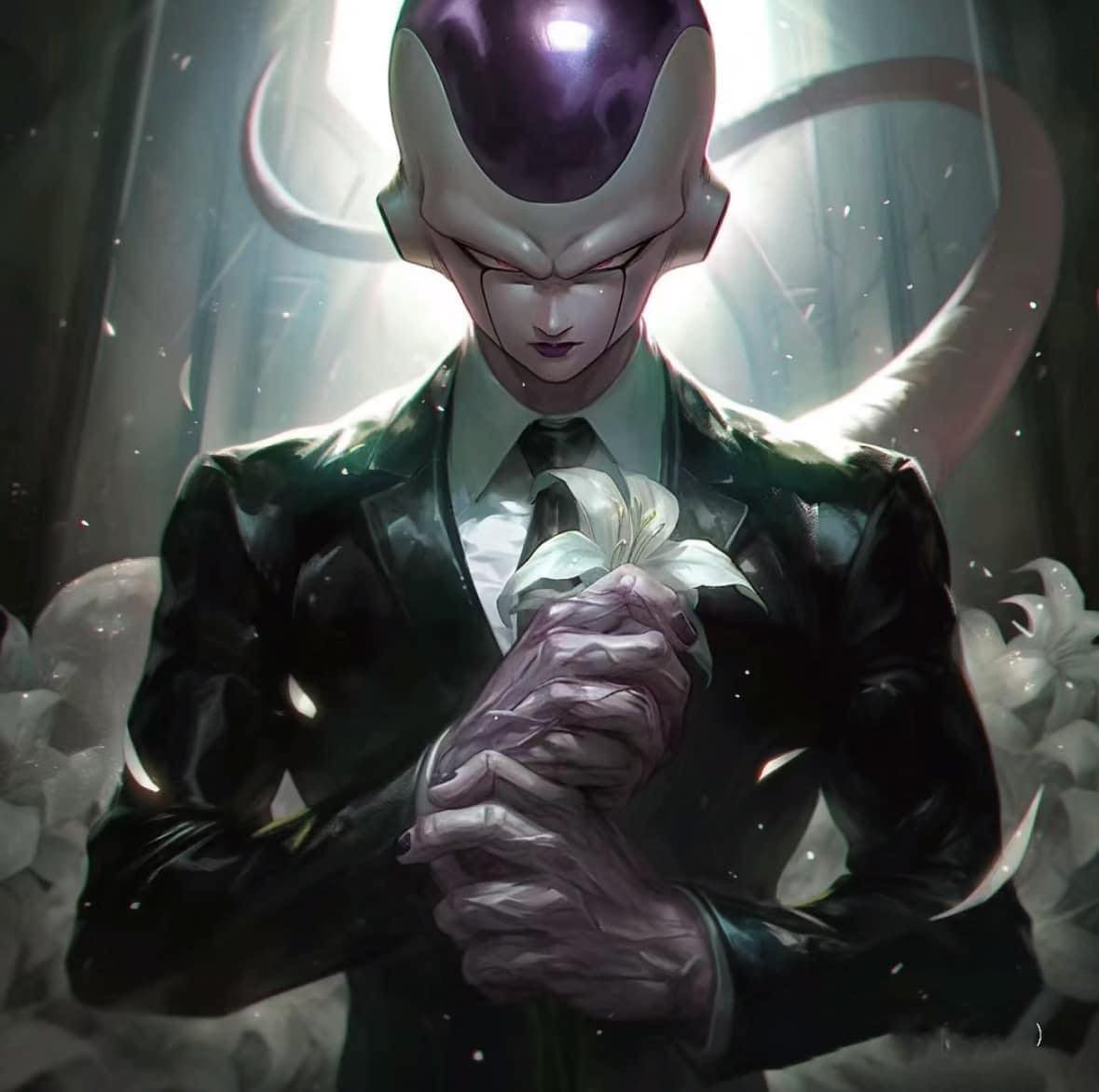 Các nhân vật trong truyện với lễ phục màu đen, với bông hoa trắng trong tay đến viếng "cha đẻ" của mình