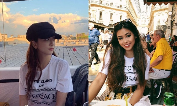 Chiếc áo phông đơn giản đến từ thương hiệu Versace mà "siêu rich kid" Tiên Nguyễn sở hữu giống với chiếc áo được Jisoo yêu thích.