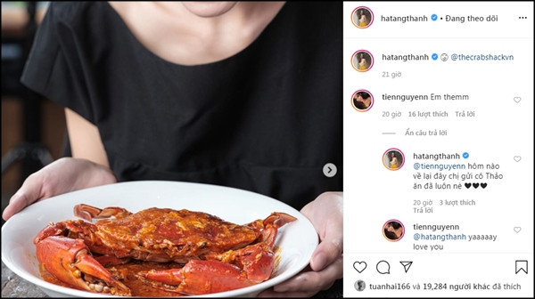 Thời gian này, rich kid nhà đại gia Johnathan Hạnh Nguyễn cũng cực chăm chỉ tương tác với bạn bè, gia đình trên mạng xã hội. Cô từng bày tỏ mong muốn được ăn cua, ngay lập tức Tăng Thanh Hà cho biết sẽ chiêu đãi khi Tiên Nguyễn hết thời gian cách ly.