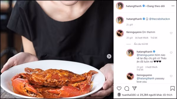 Thời gian này, rich kid nhà đại gia Johnathan Hạnh Nguyễn cũng cực chăm chỉ tương tác với bạn bè, gia đình trên mạng xã hội. Cô từng bày tỏ mong muốn được ăn cua, ngay lập tức Tăng Thanh Hà cho biết sẽ chiêu đãi khi Tiên Nguyễn hết thời gian cách ly.