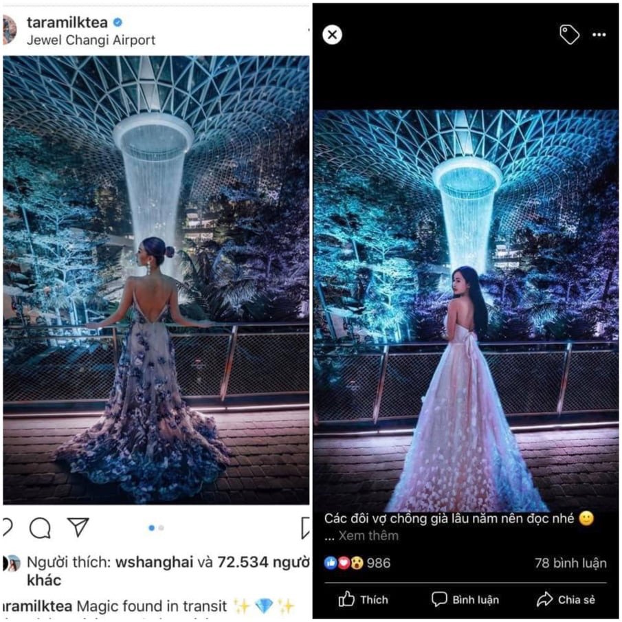 Từ khung cảnh, độ chia ánh sáng hắt trên các chi tiết cho đến cách tạo dáng và kiểu váy của 2 bức ảnh đều giống nhau.