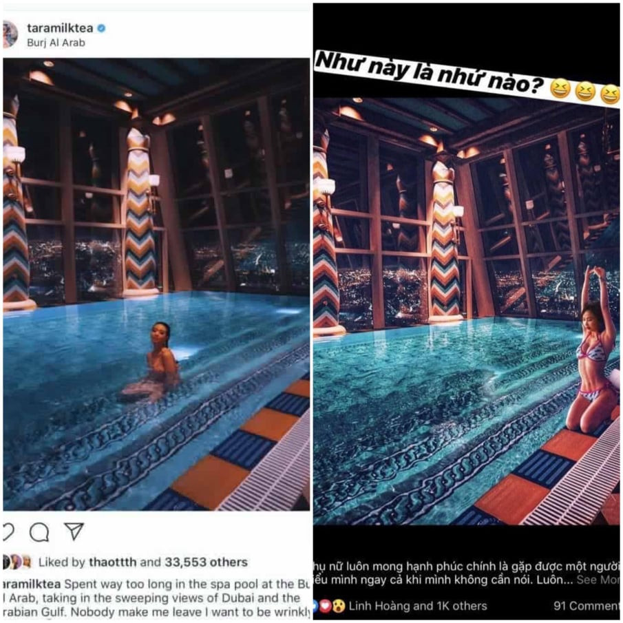 Bức ảnh của vợ hai Minh Nhựa (bên phải) lộ rõ vết cắt ghép khi nước hồ bị uốn cong một cách kì lạ.