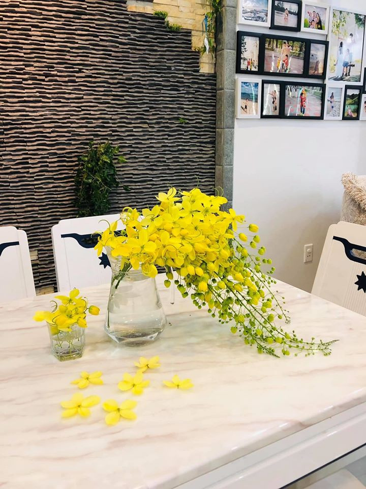 Hoa muồng hoàng yến rụng đầy ngoài đường trở thành thứ trang trí đẹp đẽ được hội gái đảm tận dụng.