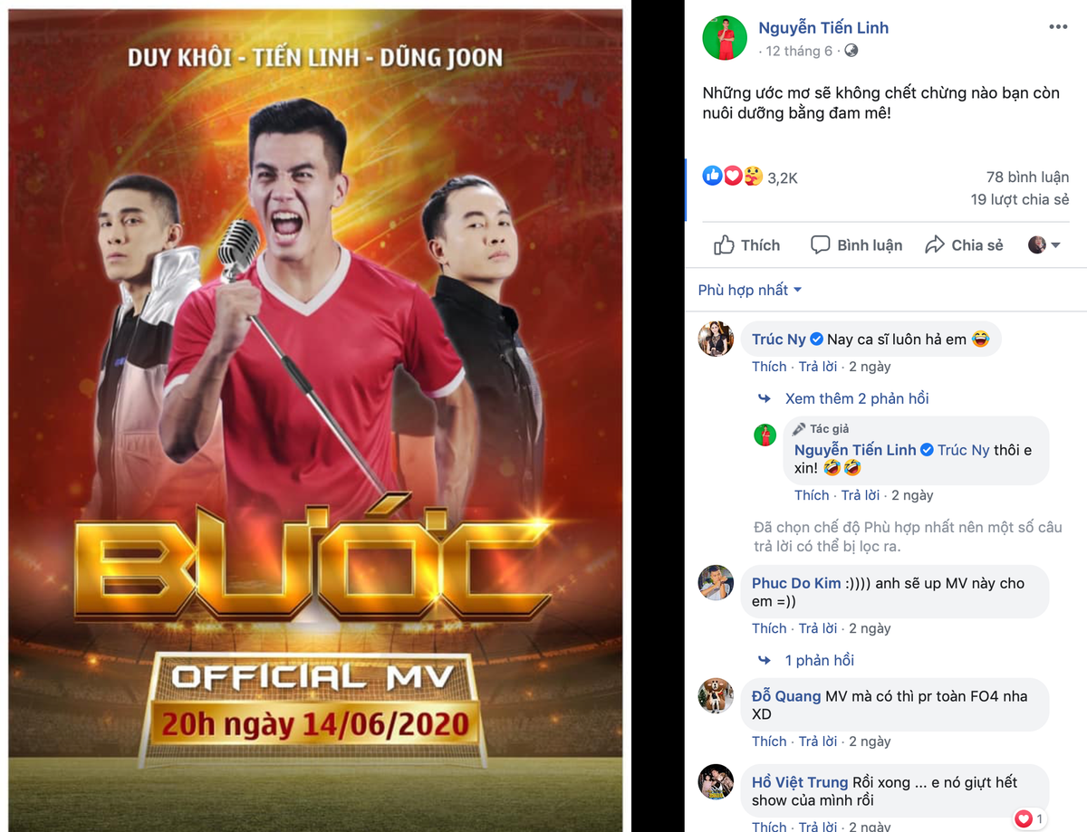 Sau khi đăng tải poster, Nguyễn Tiến Linh chia sẻ link về sản phẩm âm nhạc mới. Nhiều người để lại bình luận mong chờ MV mới của chàng cầu thủ này ra mắt.