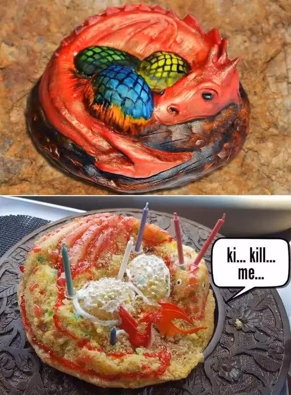 Có vẻ chính chiếc bánh này cũng không muốn nhìn vào diện mạo của mình nữa.