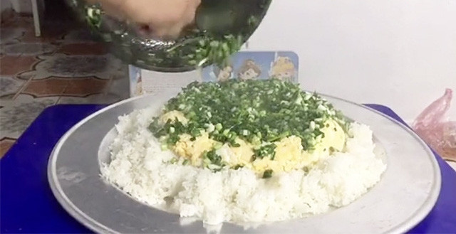 Hành không được chiên lên cùng trứng, mà nó được ăn sống cùng với cơm. Tùng Hành đã đưa ra thử thách này và ai nấy cũng đều tò mò không biết mùi vị như thế nào?