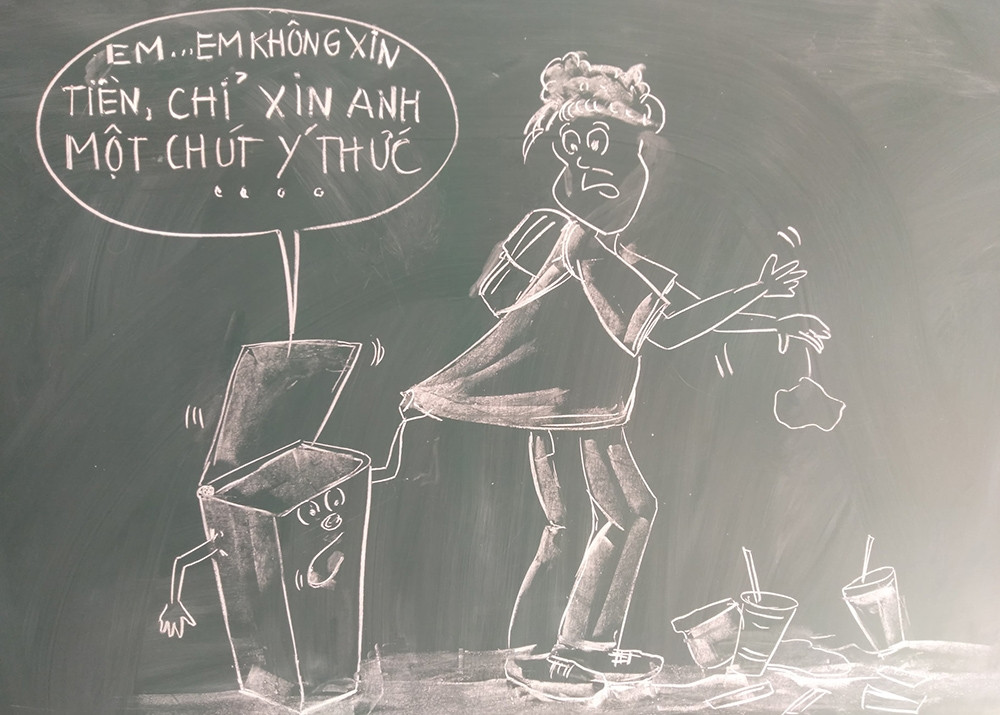 Thầy Hùng mất từ 10 -15 phút cho một bức vẽ biếm hoạ có thông điệp gần gũi với cuộc sống, đặc biệt xuất hiện rất nhiều trong cuộc sống của thế hệ học sinh.