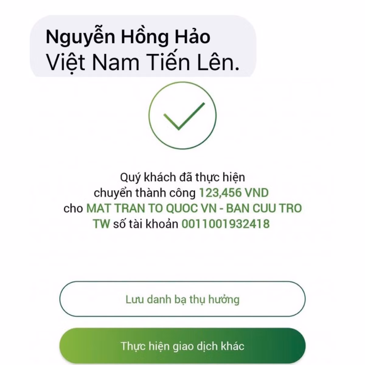 Với những người phong thủy thì chuyển tiền cũng phải là một con số đẹp. "123456" với ý nghĩa Việt Nam tiến lên, quyết thắng đại dịch Covid-19.
