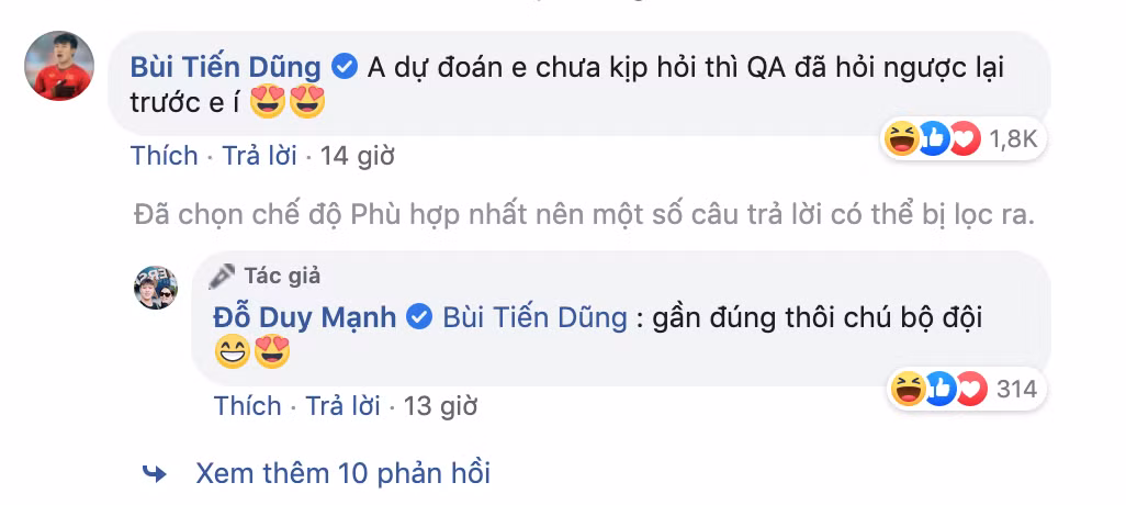 Ngày vui của đồng đội nhưng "ông bố của năm" Bùi Tiến Dũng vẫn phải vào cà khịa một chút cho vui. Trung vệ quê Hà Tĩnh nhận định sự thật là Quỳnh Anh cầu hôn Duy Mạnh chứ không phải ngược lại khiến ai cũng bật cười.