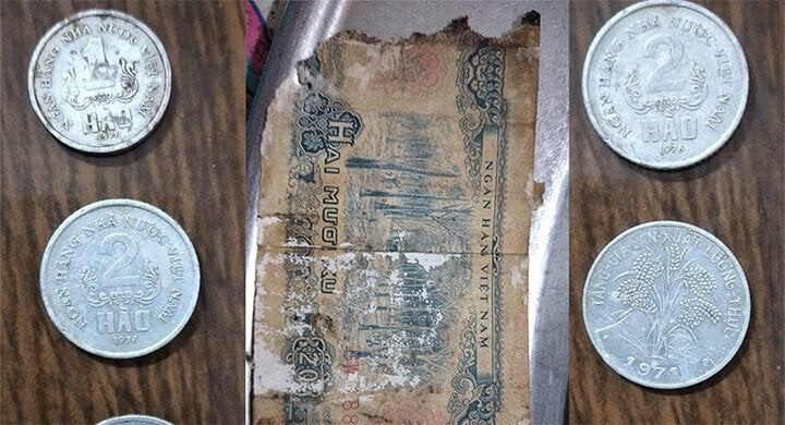 Những đồng xu 1 hào, 2 hào, mặt sau có dòng chữ "tăng gia sản xuất lương thực" và con số 1971, những tờ tiền giấy để quá lâu đã mủn nát,...