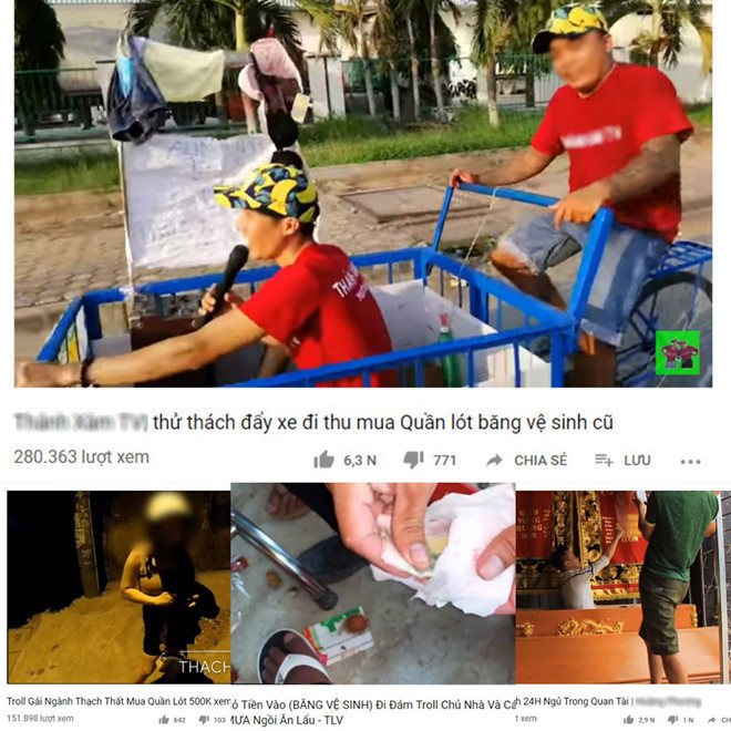 Thậm chí có những kênh còn cố tình quay video clip ăn mặc khiêu gợi ngồi làm việc để "câu view", chạy xe đi thu mua quần áo lót cũ, trêu đùa gái mại dâm, dùng băng vệ sinh làm ví tiền….