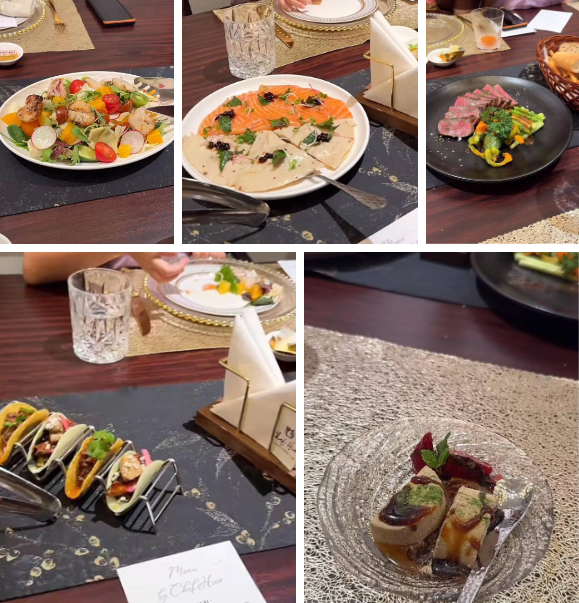 Trong bữa tiệc này, gia đình Chao đã thưởng thức những món ăn do cô nàng tự chọn, đầy đủ từ món khai vị, món chính đến tráng miệng như salad, pizza cá hồi, tacos lươn Nhật, bò Wagyu thượng hạng cho đến cá tuyết, bò wagyu tảng và bánh sữa dẻo...