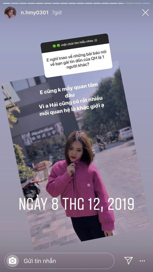 Trên trang Instagram cá nhân, khi được hỏi về muốn quan hệ với Quang Hải, Huyền My nhiều lần úp mở, lúc mong muốn được mọi người ủng hộ lúc lại khẳng định cả hai chỉ là bạn bè. Mặc dù bằng tuổi nhưng cô nàng luôn gọi nam cầu thủ là "anh" ngọt lịm khiến không ai tin rằng giữa cả hai không có tình cảm.