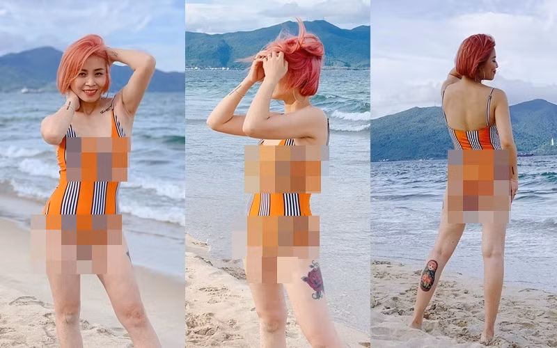 Khác với vẻ chững chạc trên truyền hình, MC "Chúng tôi là chiến sĩ" Nguyễn Hoàng Linh thể hiện vẻ sexy, cá tính của mình với hình xăm đóa hồng lớn ở đùi và búp bê Nga ở bắp chân.