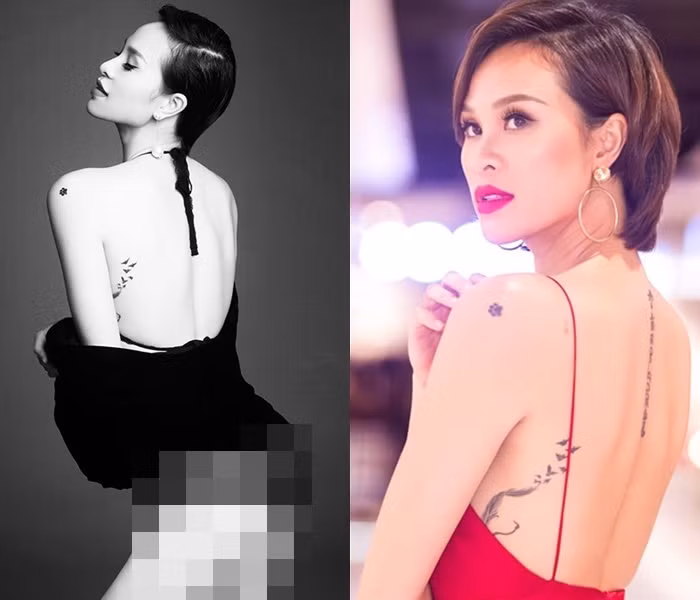 MC Phương Mai với hình xăm dòng chữ dọc sống lưng với ý nghĩa "Ngọc trong sen, phật trong tâm" giúp nữ MC thêm gợi cảm khi diện những trang phục hở lưng táo bạo mà không gây phản cảm.