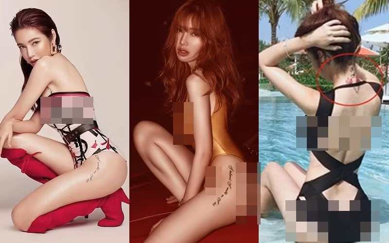 Elly Trần thường xuyên khoe dáng nuột trong các trang phục hở bạo. Dòng chữ được xăm mảnh, dọc bên đùi và hình xăm lớn sau gáy tạo ra nét lôi cuốn của bà mẹ 2 con này.