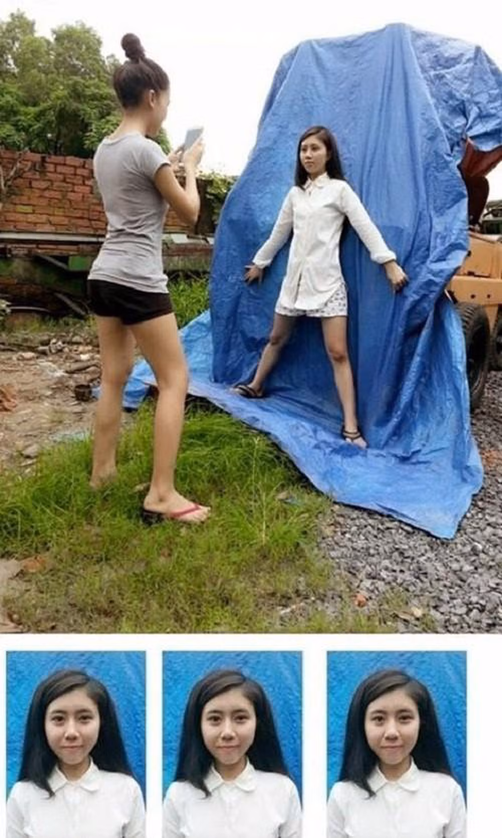 Phông xanh là một vật dụng cực kỳ đơn giản tìm đâu cũng có. Sau đó chỉ cần căng lên, diện áo sơ mi trắng và "tách" là xong. Đẹp hơn chụp ngoài tiệm.