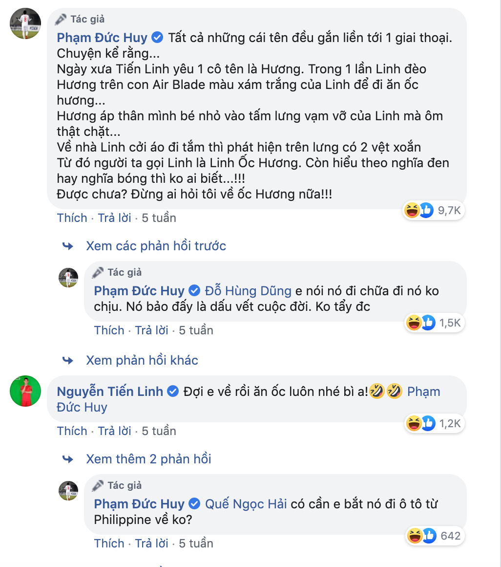 Tiến Linh là một trong những "nạn nhân" thường xuyên bị Đức Huy bắt nạt. Không chỉ bị đặt cho cái tên "Linh ốc hương" vô cùng hài hước, tiền vệ của Becamex Bình Dương thường xuyên bị đàn anh doạ đấm, "đánh cho tụt hàm dưới" nếu không ghi được bàn.