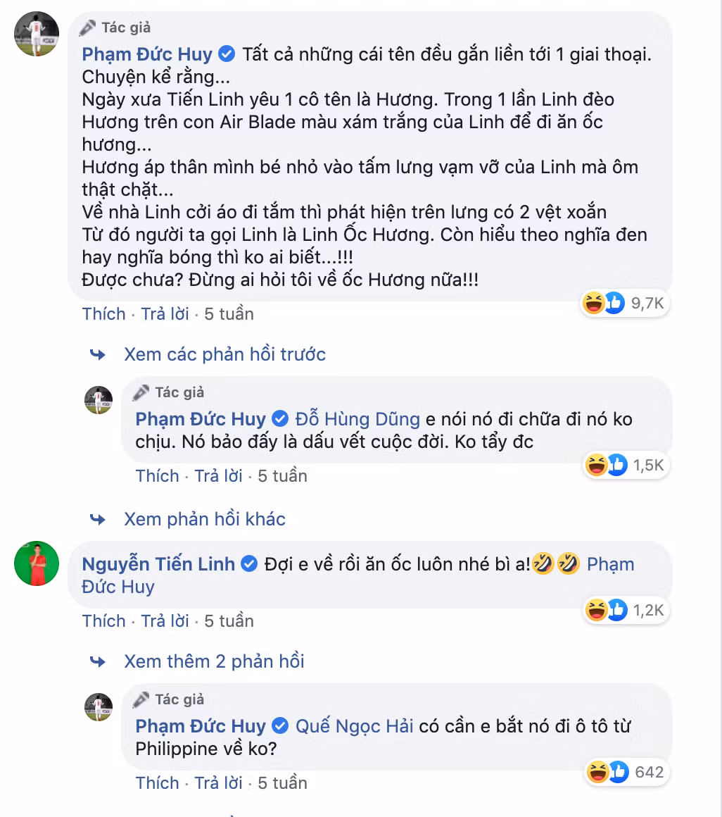 Tiến Linh là một trong những "nạn nhân" thường xuyên bị Đức Huy bắt nạt. Không chỉ bị đặt cho cái tên "Linh ốc hương" vô cùng hài hước, tiền vệ của Becamex Bình Dương thường xuyên bị đàn anh doạ đấm, "đánh cho tụt hàm dưới" nếu không ghi được bàn.