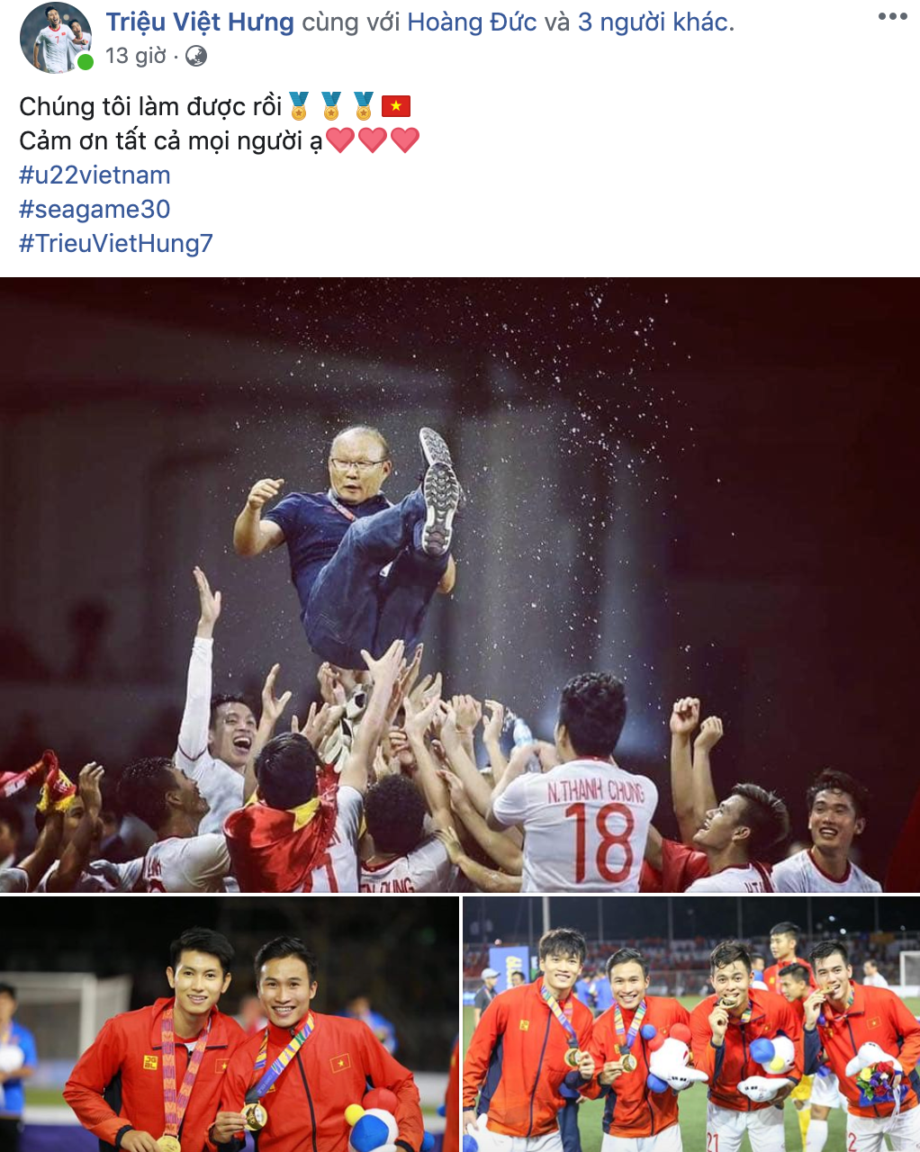 Triệu Việt Hưng gửi lời cảm ơn tới mọi người và thông báo U22 Việt Nam đã thực hiện được ước mơ của người hâm mộ bóng đá sau nhiều năm chờ đợi.